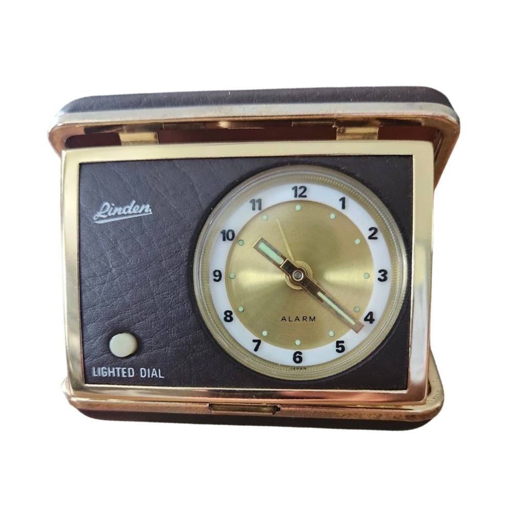 Linden Vtg Travel Alarm Clock Brown Gold Folding Case Lighted Dial‎ Japan Retro